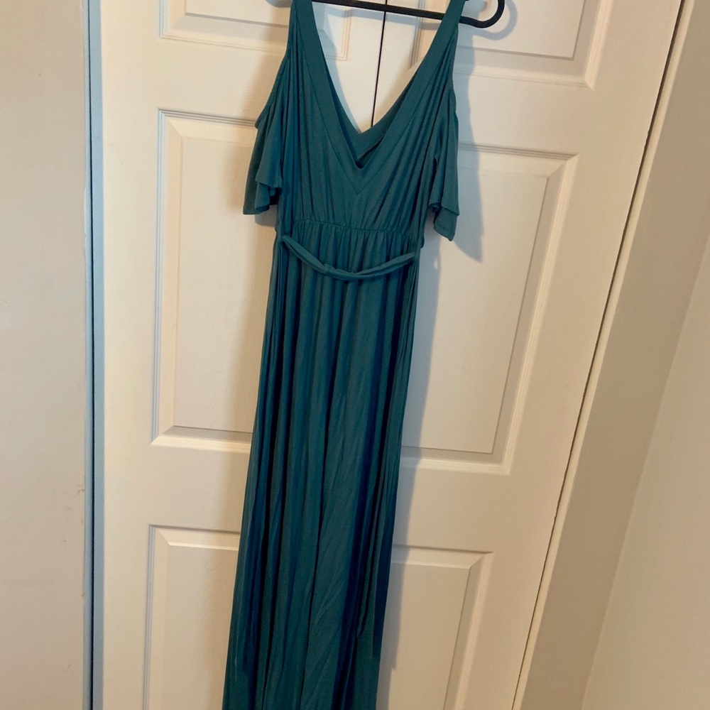 USA Made dark teal, off the shoulder maxi dress.